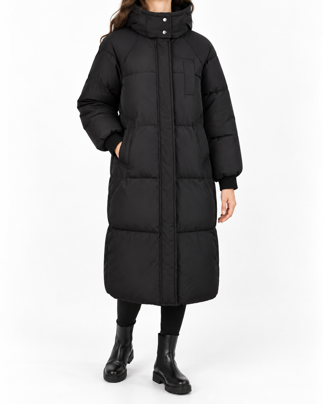 BERNA™ - Classic Hooded Puffer Jacket Long Winter Coat for Women — Elina Dublin studio photograph