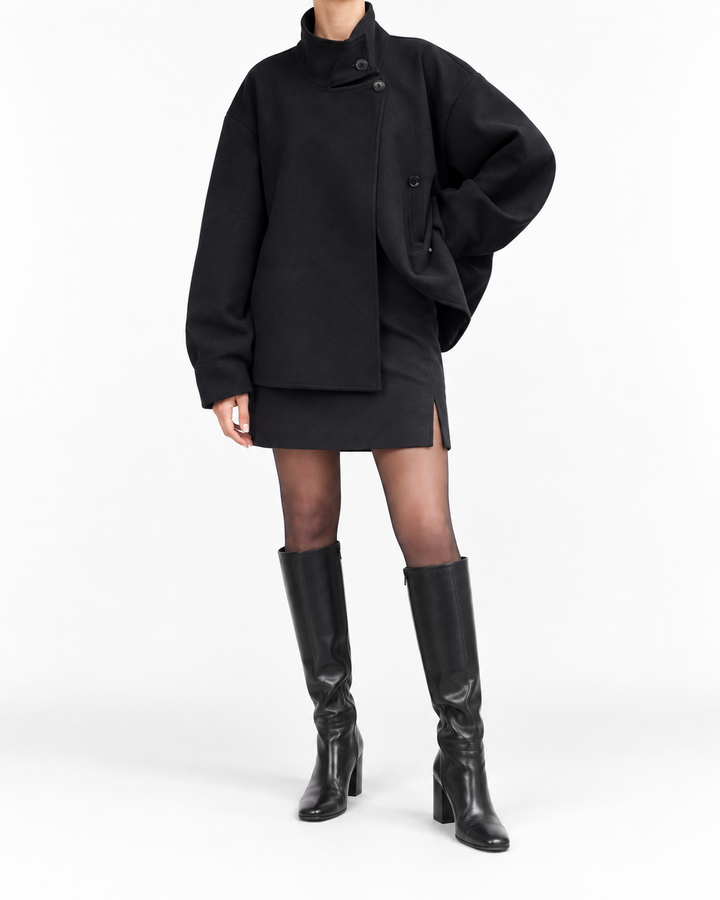 BHEKI™ - Chic Stand-Up Collar Long Sleeve Button Down Coat — Elina Dublin studio photograph
