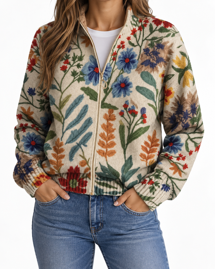 Esperanza | Knitted Cardigan with Botanical Floral Pattern — Elina Dublin studio photograph