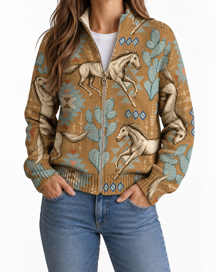 Aurora | Knitted Cardigan with Horse and Cactus Motif — Elina Dublin studio photograph