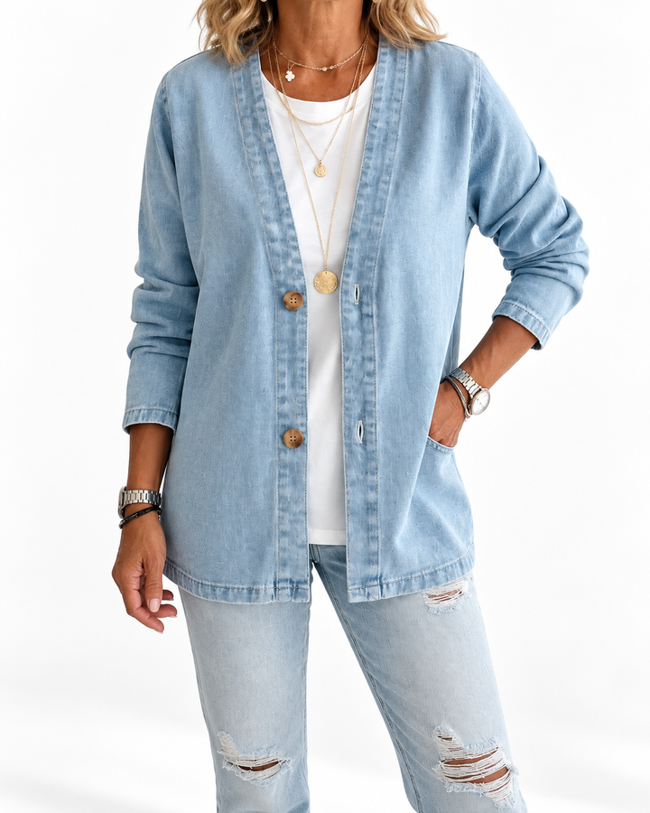 Claironne™ — Timeless Elegant Casual Denim Jacket — Elina Dublin studio photograph