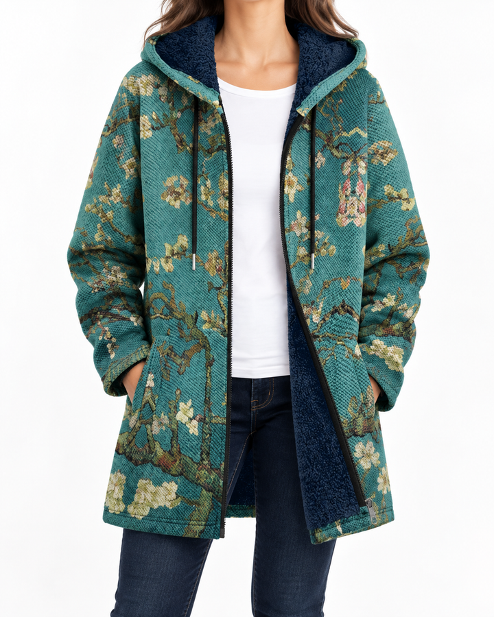 Iris | Women's Floral-Print Hooded Coat — Elina Dublin studio photograph