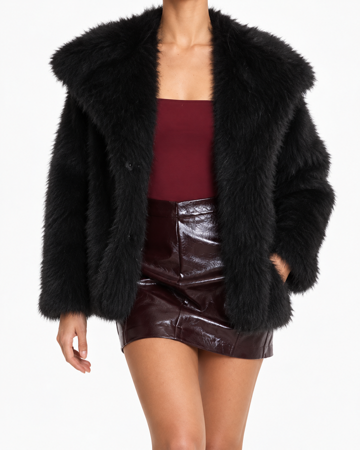 CORRINE™ - Classy Long Sleeve Collared Fuzzy Coat — Elina Dublin studio photograph