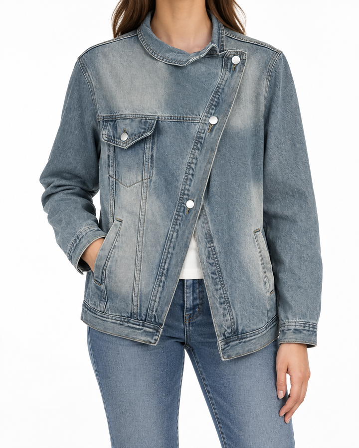 DAXTON™ – Asymmetric Washed Loose Denim Jacket — Elina Dublin studio photograph