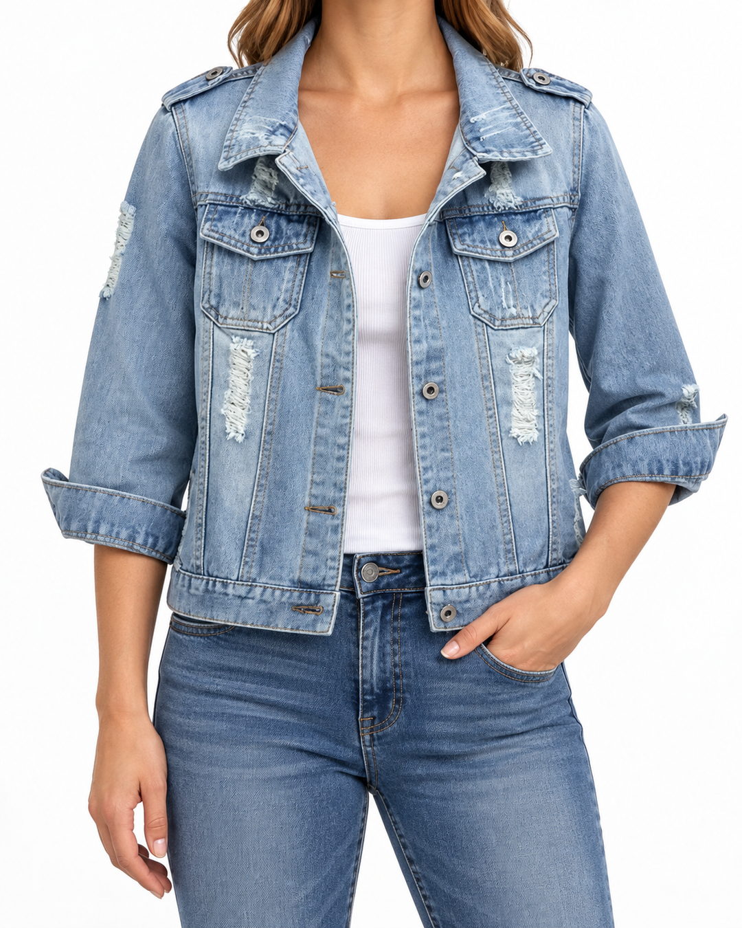 DENIM™ – Distressed Cropped 3/4 Sleeve Denim Jacket — Elina Dublin studio photograph