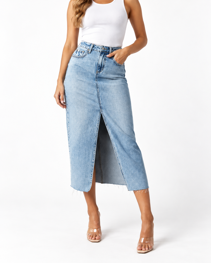 DENISE™ – Classic High-Waist Denim Skirt — Elina Dublin studio photograph