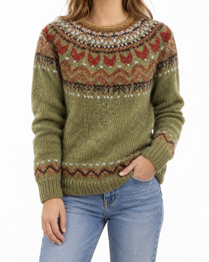 Forest Ember | Olive Green Jumper with Nordic Pattern — Elina Dublin studio photograph