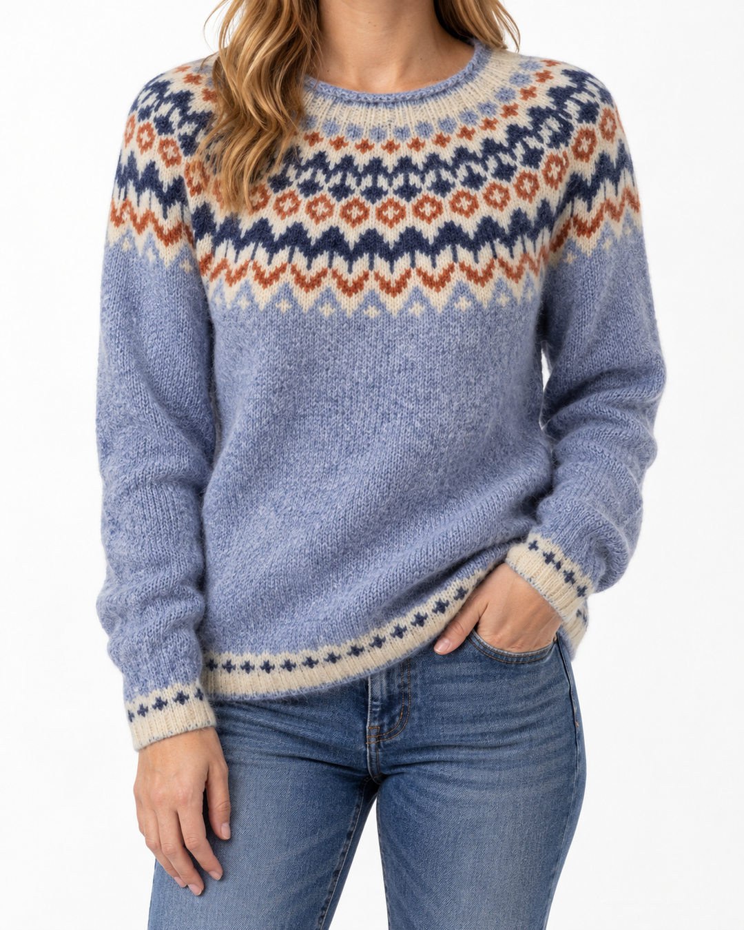 Granite Peak | Light Blue Jumper with Nordic Pattern — Elina Dublin studio photograph