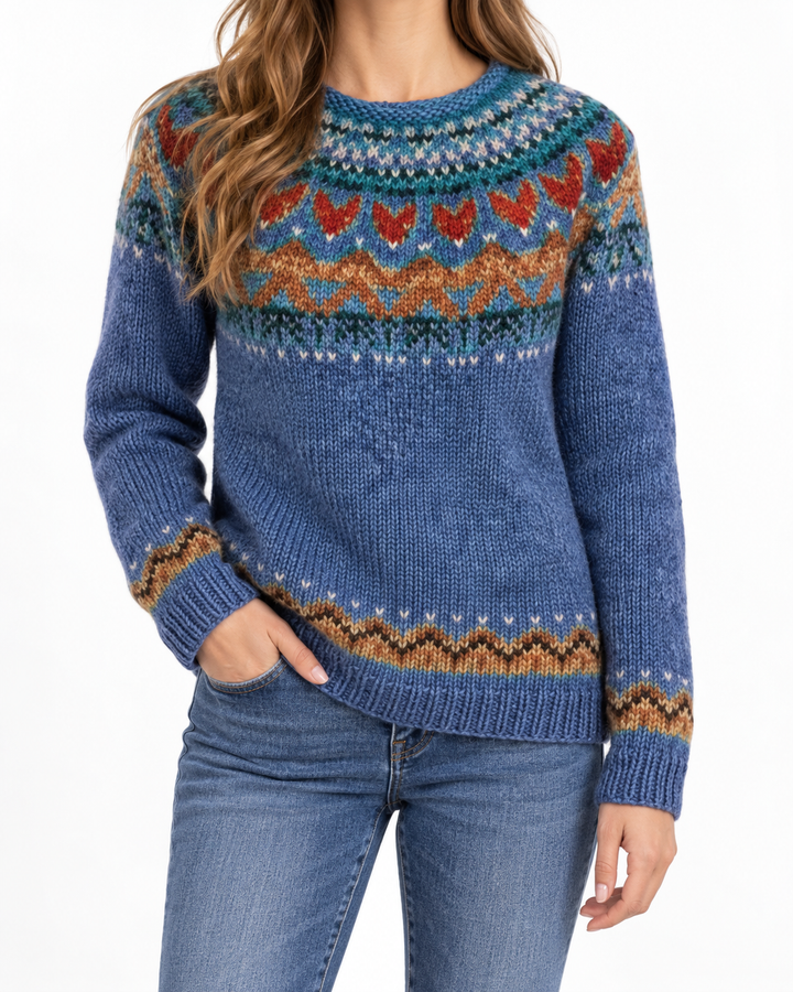 Mountain Horizon | Blue Jumper with Nordic Pattern — Elina Dublin studio photograph