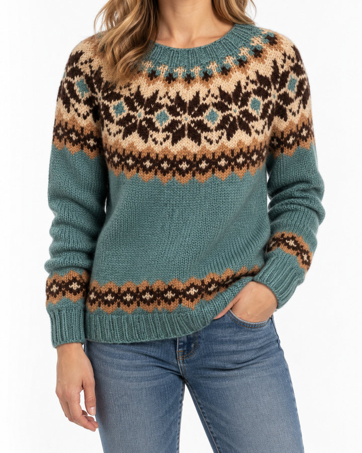 Ocean Pine | Green Jumper with Nordic Pattern — Elina Dublin studio photograph