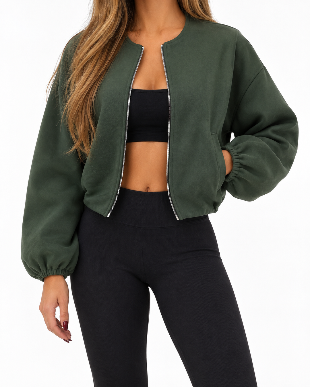 DHANE™ - Chic Long Sleeve Zipper Crop Top Jacket — Elina Dublin studio photograph