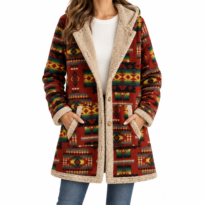 Giorgia | Coat with Ethnic Geometric Pattern — Elina Dublin studio photograph