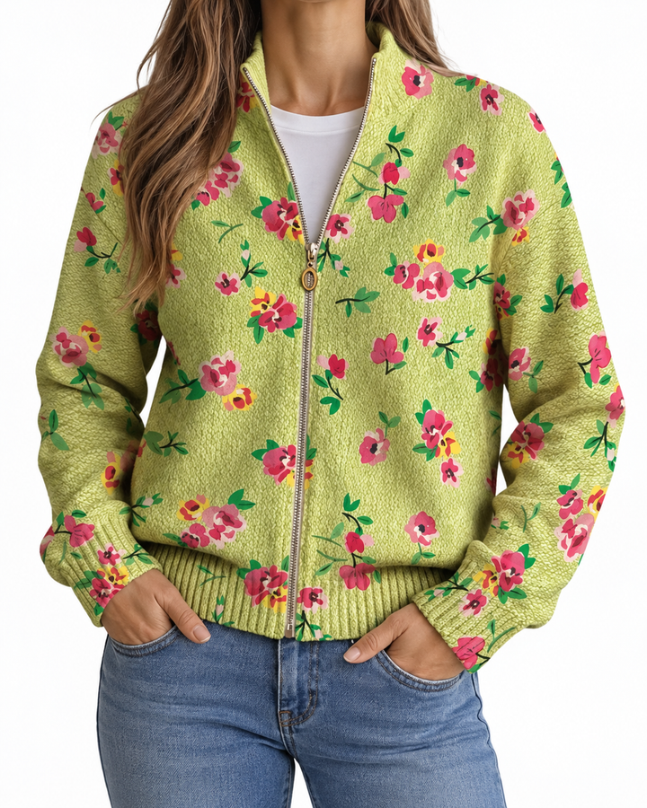 Mercedes | Green Knitted Cardigan with Floral Print — Elina Dublin studio photograph