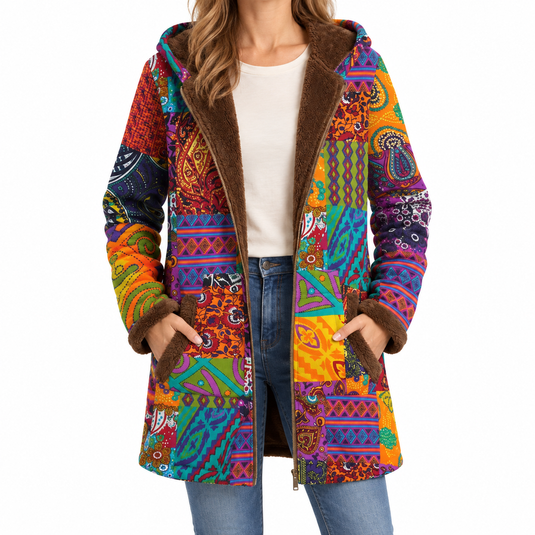 Sofia | Coat with Boho Patchwork Pattern — Elina Dublin studio photograph