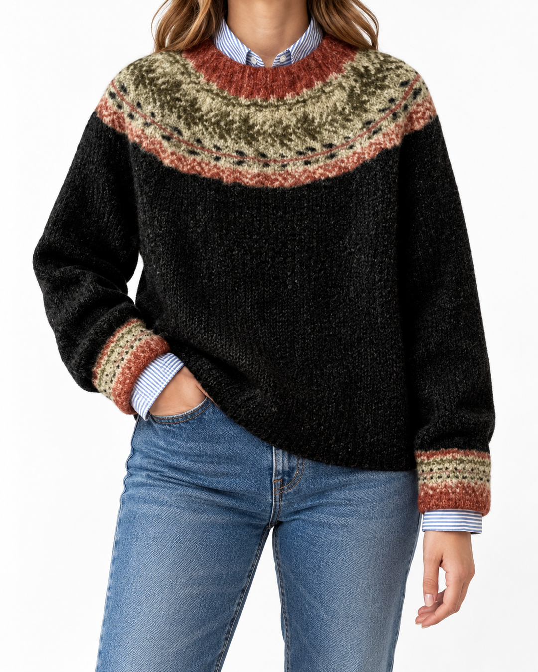 Elveria | Black Vintage Knit Jumper with Nordic Yoke — Elina Dublin studio photograph