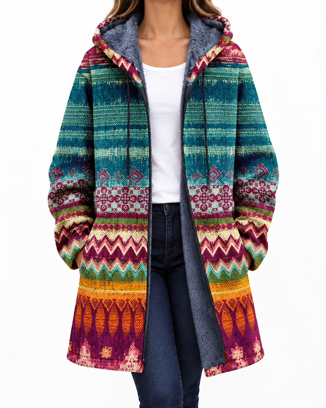 Ethnic Patterned Coat — Elina Dublin studio photograph