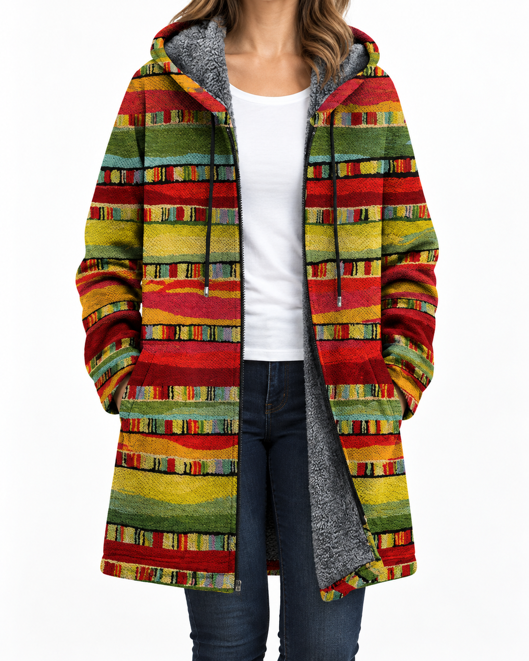 Hilda | Women's Hooded Striped Coat — Elina Dublin studio photograph