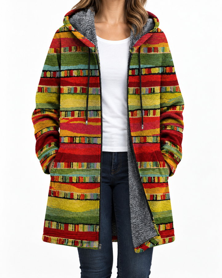 Hilda | Women's Hooded Striped Coat — Elina Dublin studio photograph