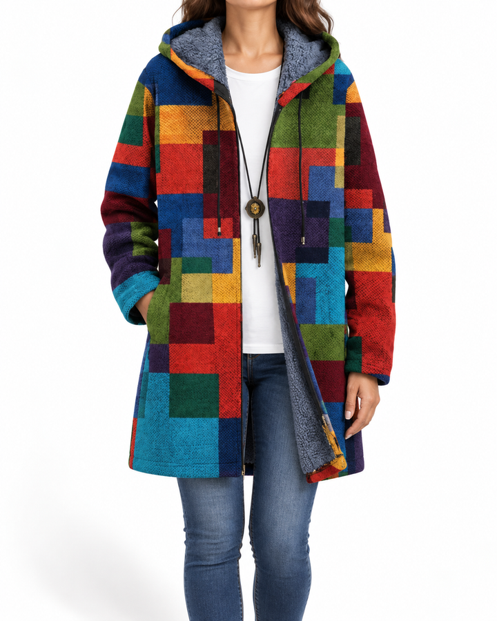 Muriel | Women's Colour-Block Hooded Coat — Elina Dublin studio photograph