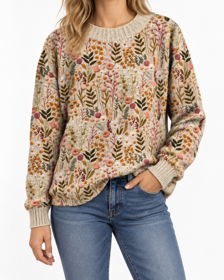 Fani | Beige Soft Jumper with Blossom Pattern — Elina Dublin studio photograph