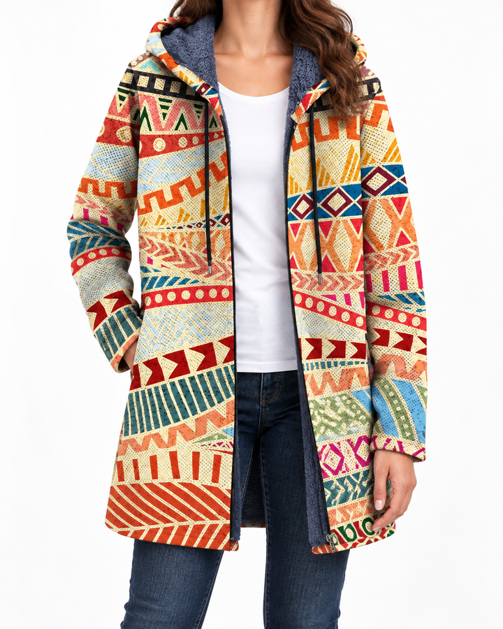 Fusion Ethnic Pattern Coat — Elina Dublin studio photograph
