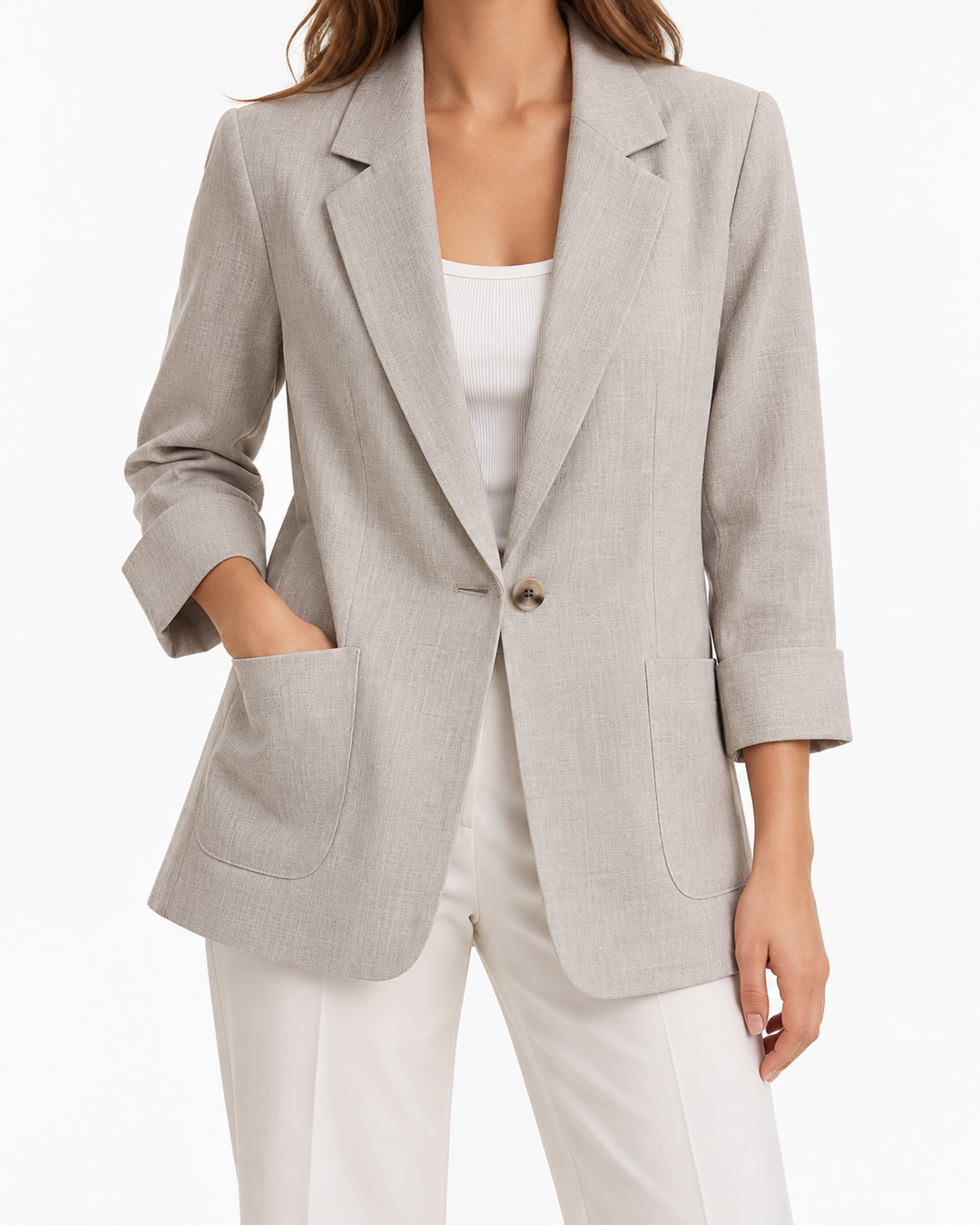 GILLIAN™ - Classy Button Front Long Sleeve Office Blazer Coat — Elina Dublin studio photograph