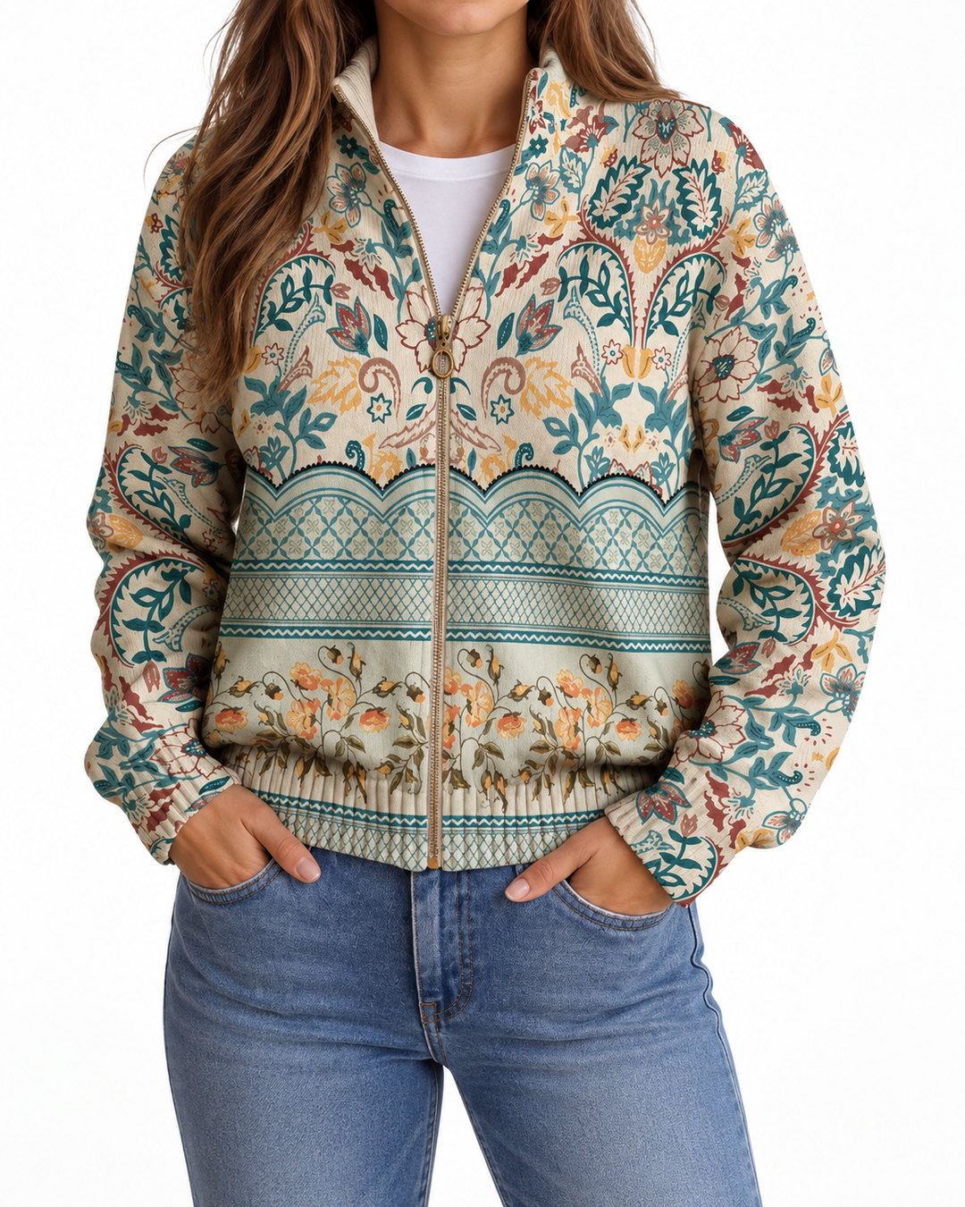 Blanca | Knitted Cardigan with Floral Border — Elina Dublin studio photograph