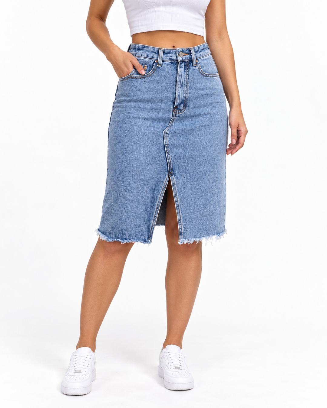 GISELE™ – Casual Slit Midi Denim Skirt — Elina Dublin studio photograph