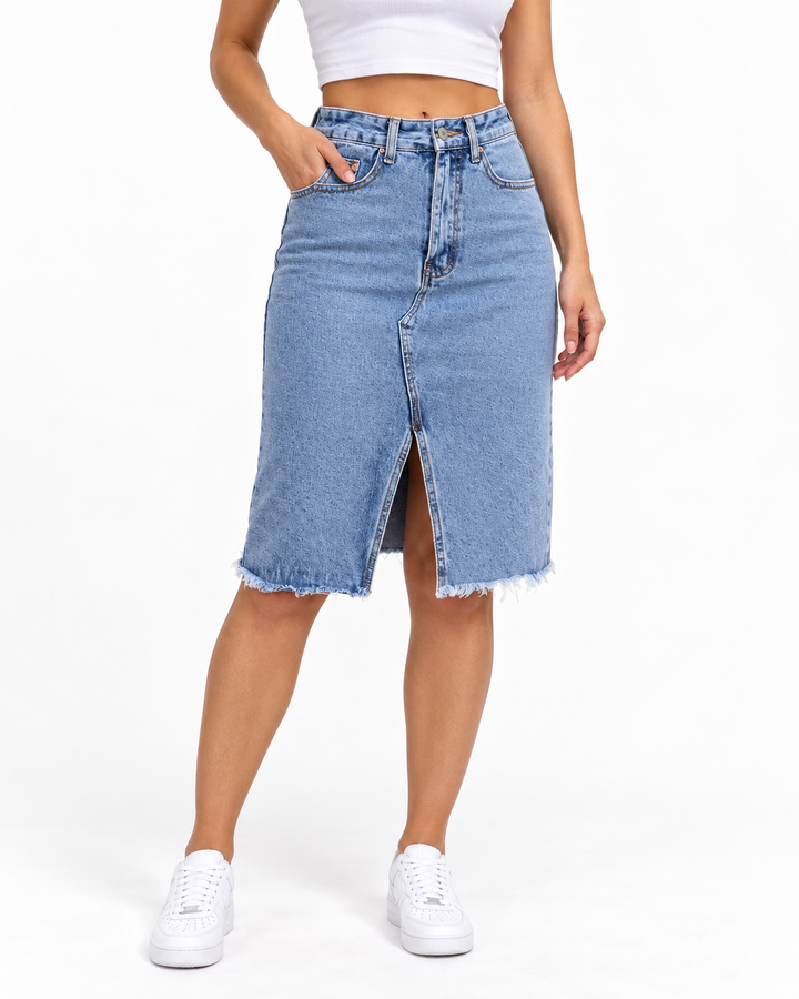 GISELE™ – Casual Slit Midi Denim Skirt — Elina Dublin studio photograph