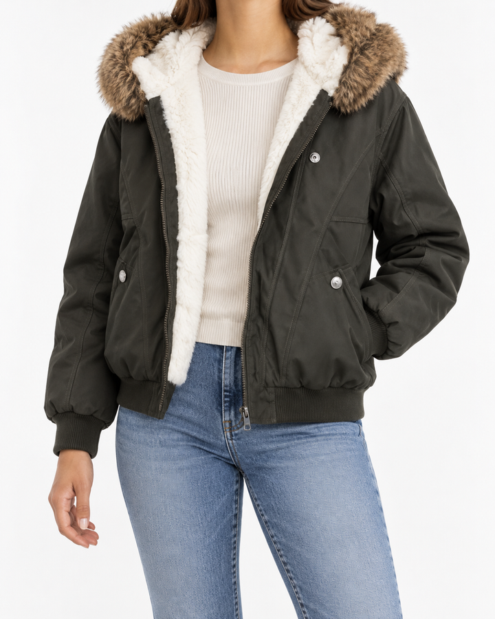 GLENDA™ - Elegant Warm Bomber Jacket with Faux Fur Collar and Hood — Elina Dublin studio photograph