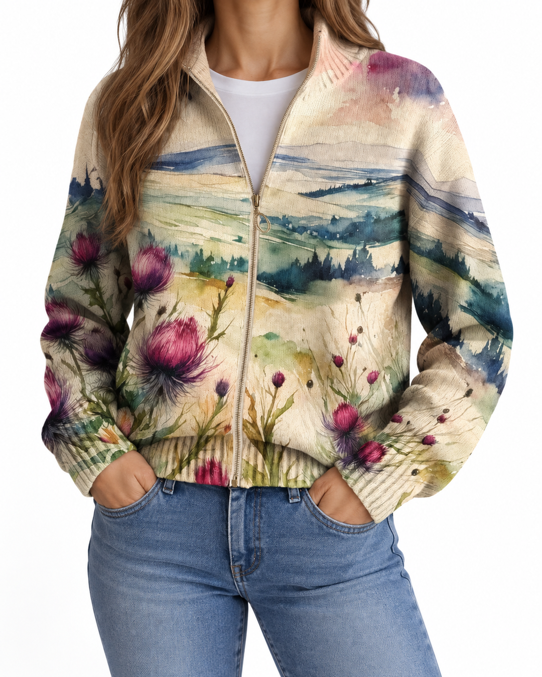 Montserrat | Cardigan with Thistle and Landscape Motif — Elina Dublin studio photograph