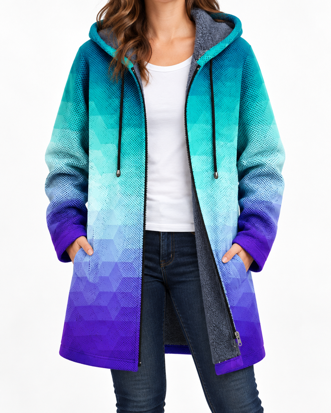 Hexagonal Gradient Pattern Coat — Elina Dublin studio photograph