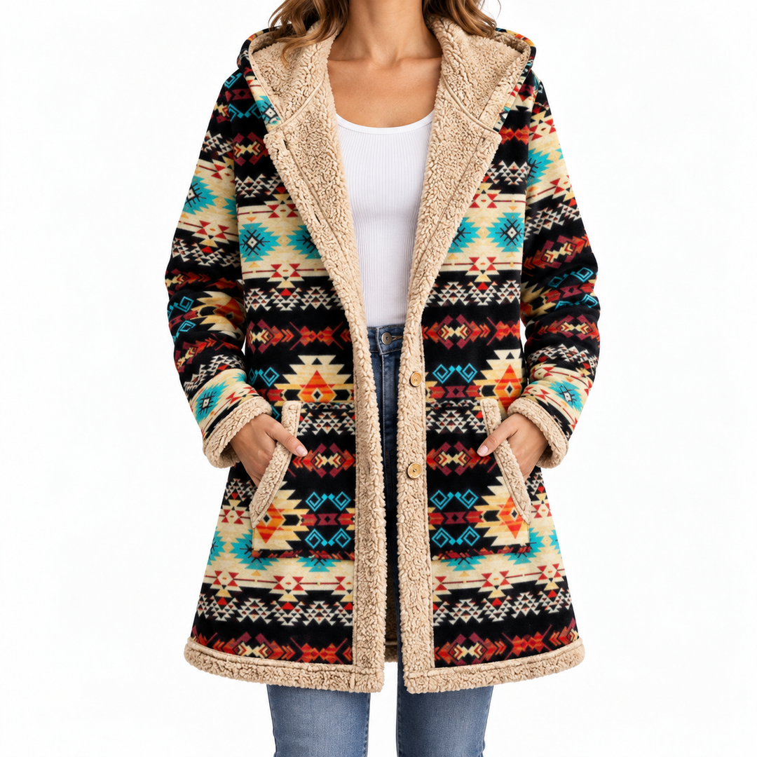Federica | Coat with Ethnic Geometric Pattern — Elina Dublin studio photograph