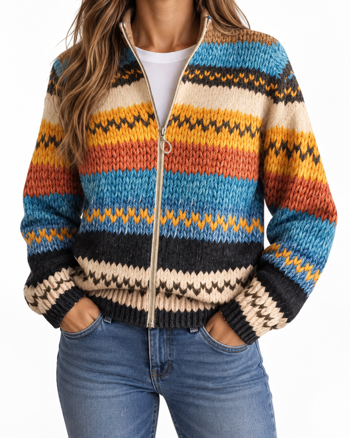 Lorena | Knitted Cardigan with Multicolour Zigzag Pattern — Elina Dublin studio photograph