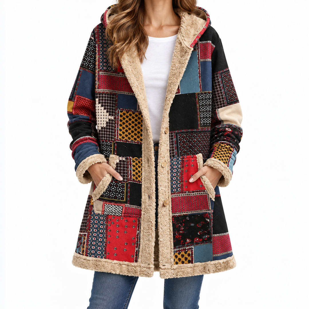 Ilaria | Coat with Geometric Patchwork Pattern — Elina Dublin studio photograph