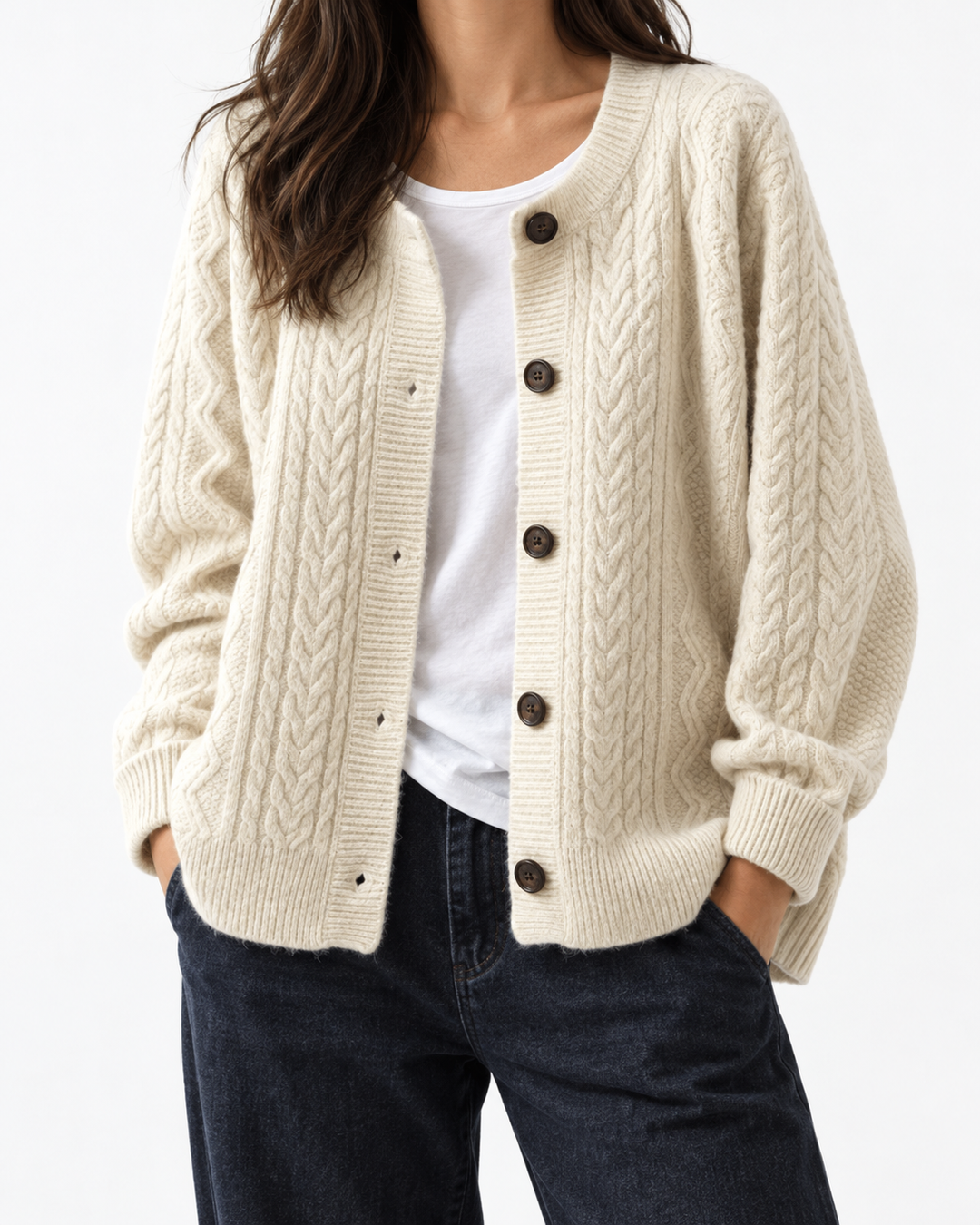 Lorença - Knitted Cable Cardigan — Elina Dublin studio photograph