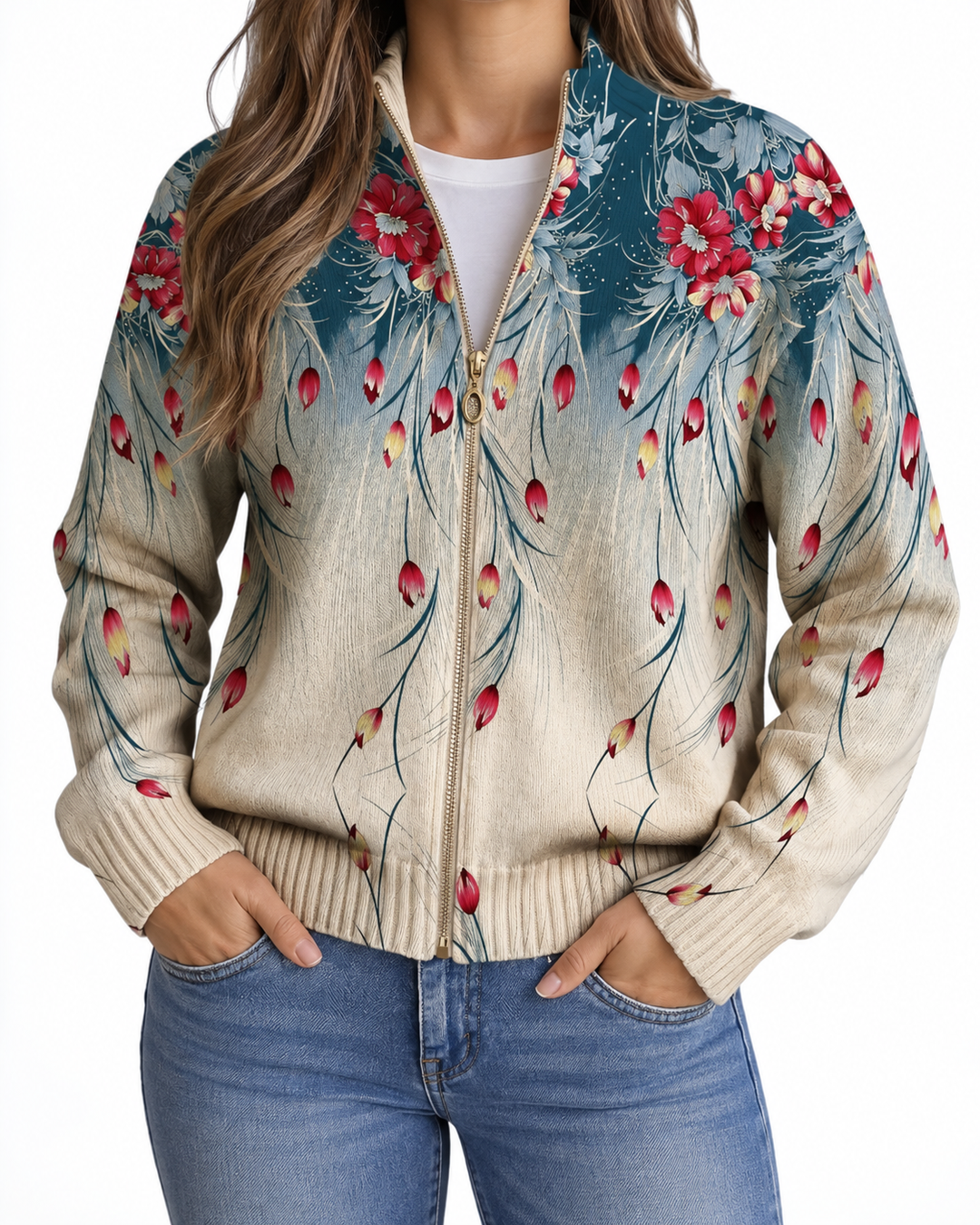 Dolores | Knitted Cardigan with Peacock Feather Motif — Elina Dublin studio photograph