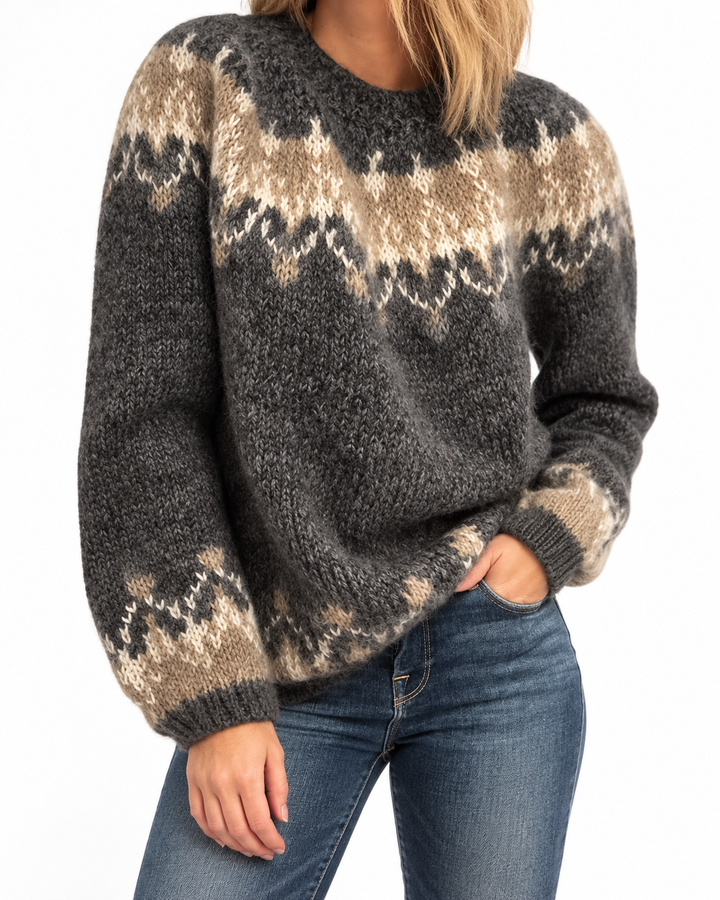 Nikola | Brown Cosy Jumper with Nordic Pattern — Elina Dublin studio photograph