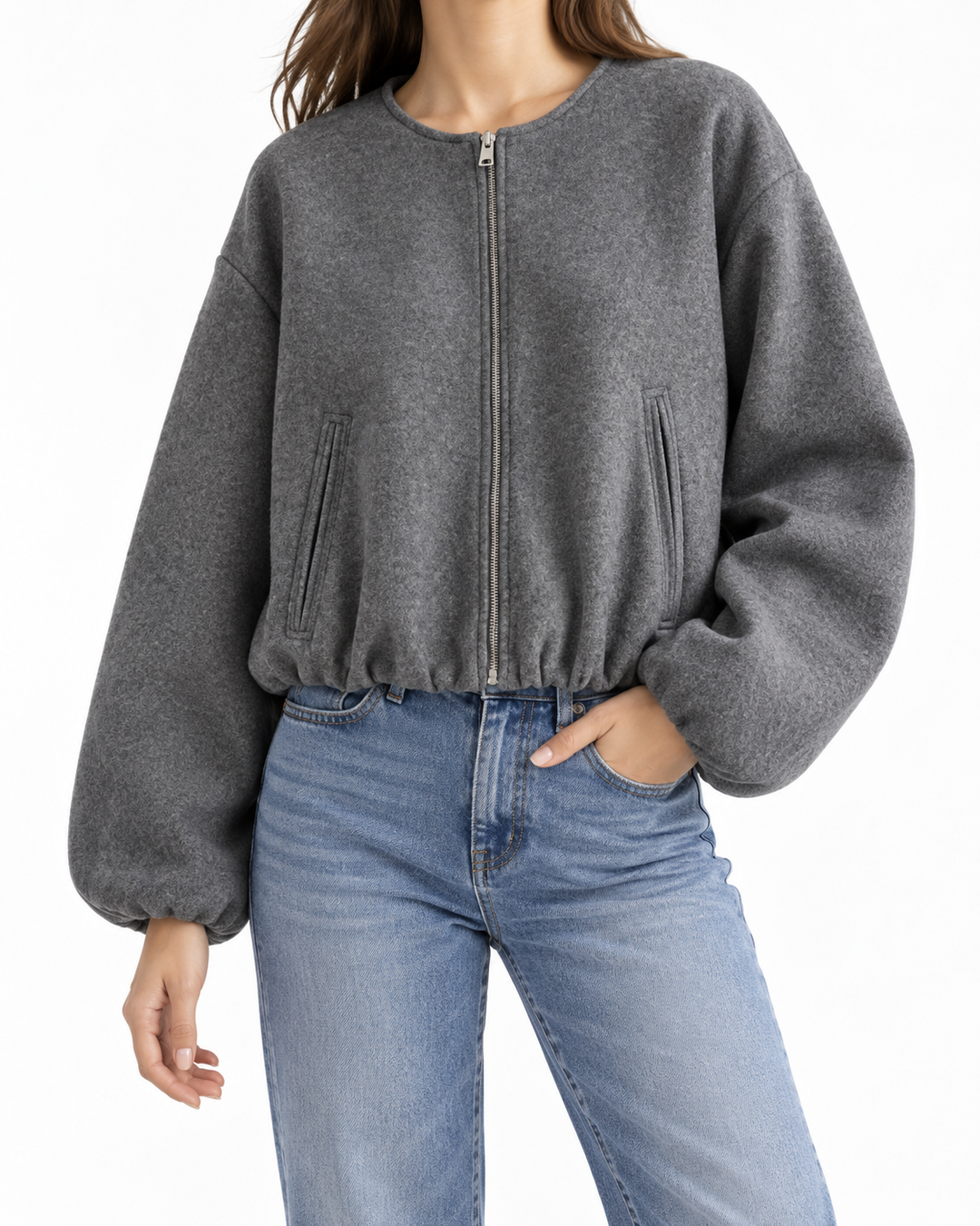 OVALIE™ - Chic Long Sleeve Zipper Crop Top Jacket — Elina Dublin studio photograph