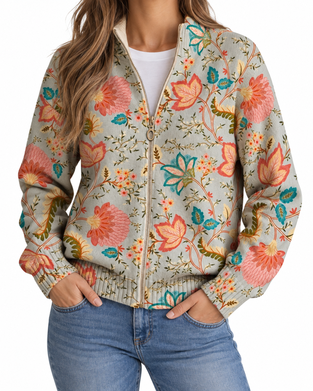 Noelia | Knitted Cardigan with Garden Floral Pattern — Elina Dublin studio photograph