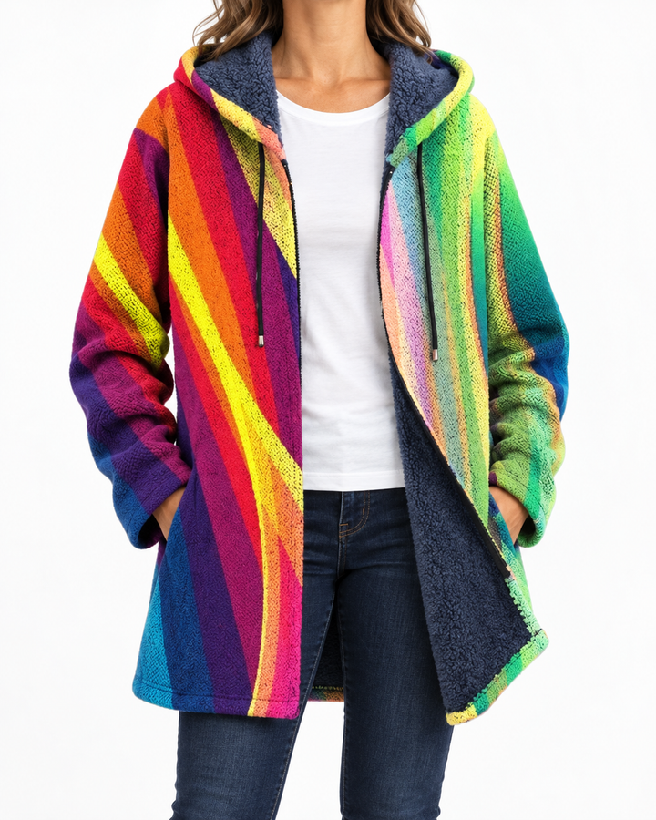 Vera | Women's Rainbow-Stripe Hooded Coat — Elina Dublin studio photograph