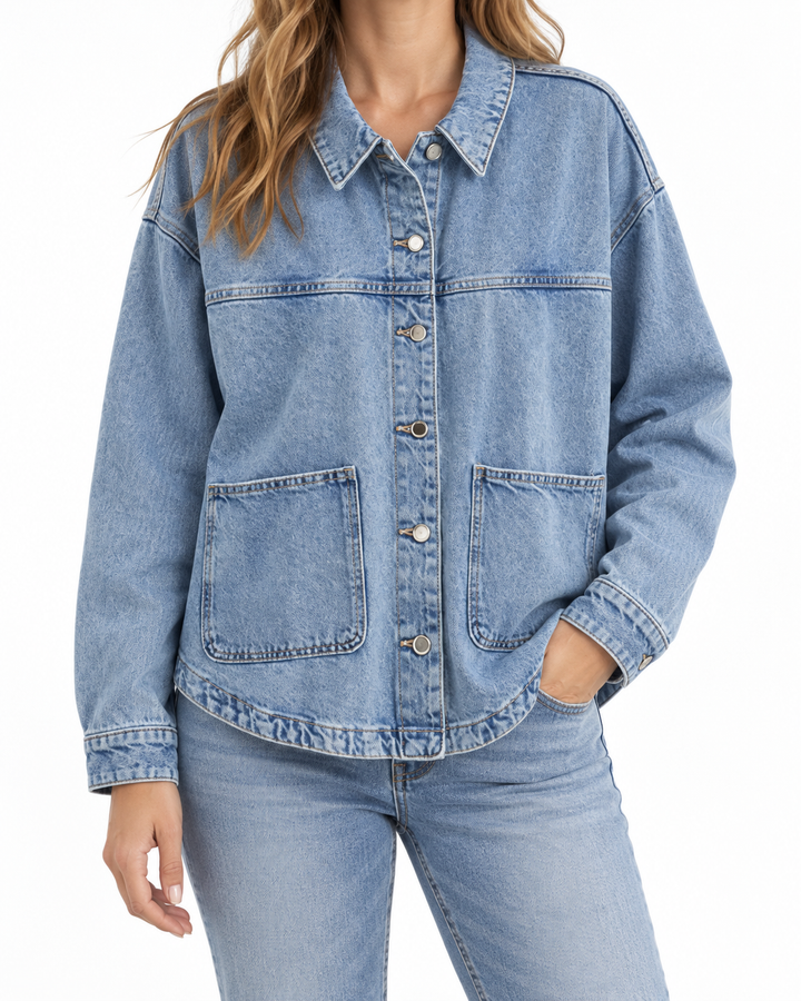 REEVA™ – Classic Button-Up Denim Shirt Jacket — Elina Dublin studio photograph