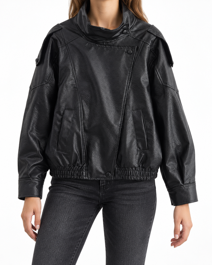 REMY™ – Asymmetrical Zip-Up PU Leather Biker Jacket — Elina Dublin studio photograph