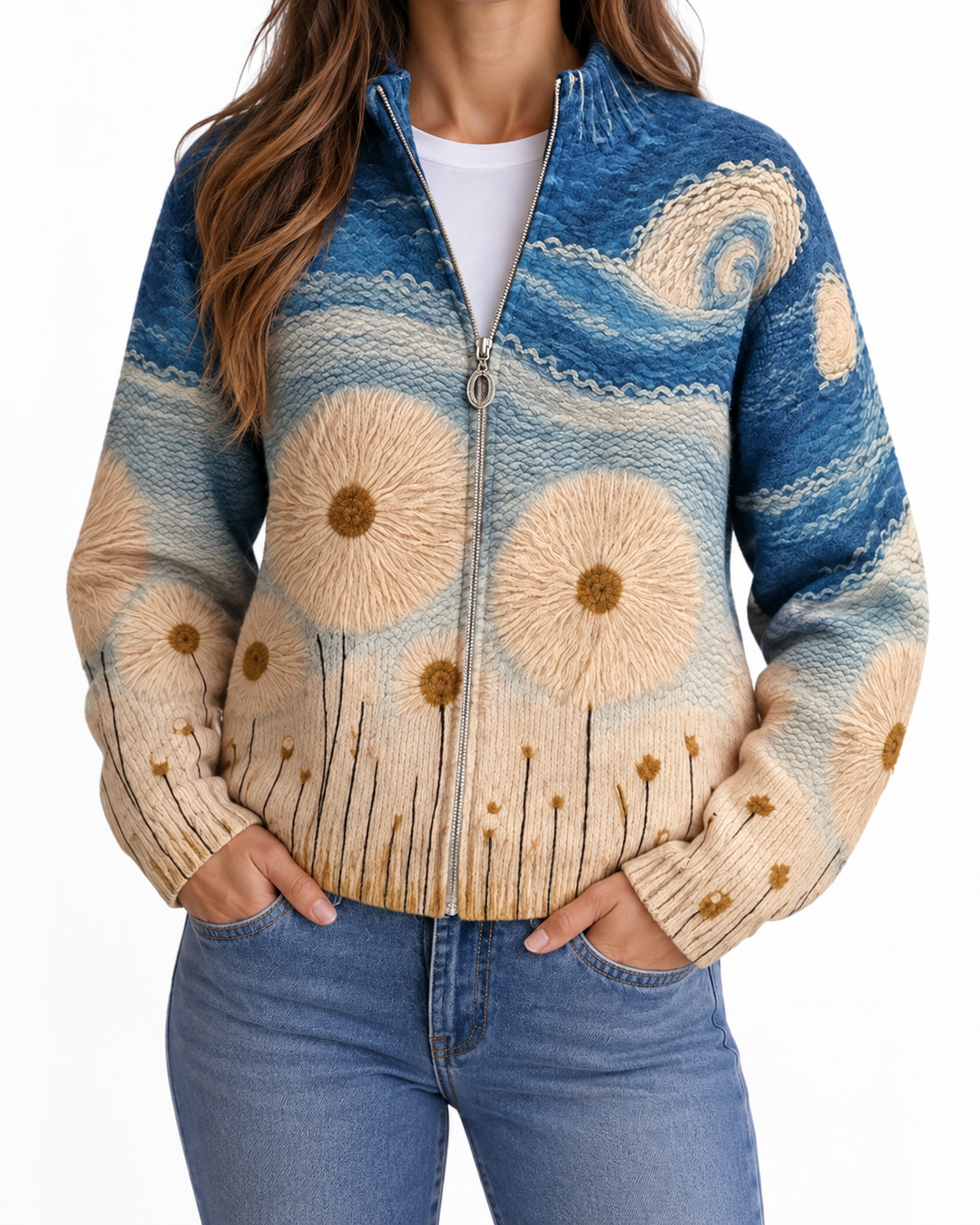 Remedios | Knitted Cardigan with Dandelion Motif — Elina Dublin studio photograph