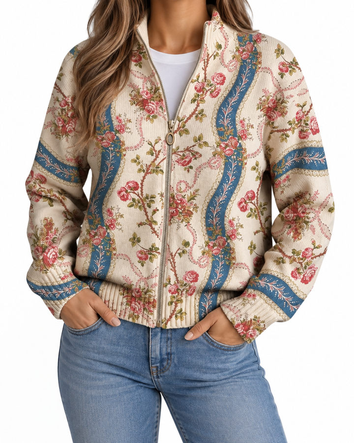 Alicia | Knitted Cardigan with Rose Vine Motif — Elina Dublin studio photograph