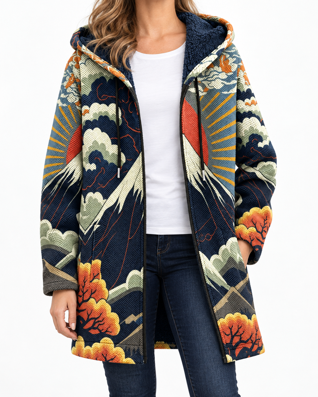 Hazel | Women's Abstract-Print Hooded Coat — Elina Dublin studio photograph