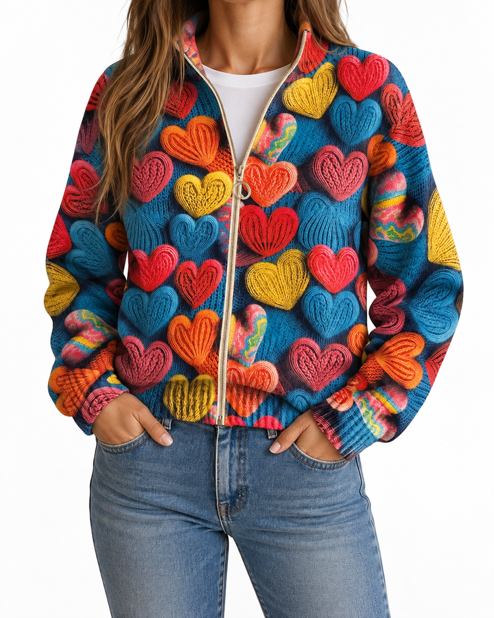 Encarna | Knitted Cardigan with Multicolour Heart Motif — Elina Dublin studio photograph