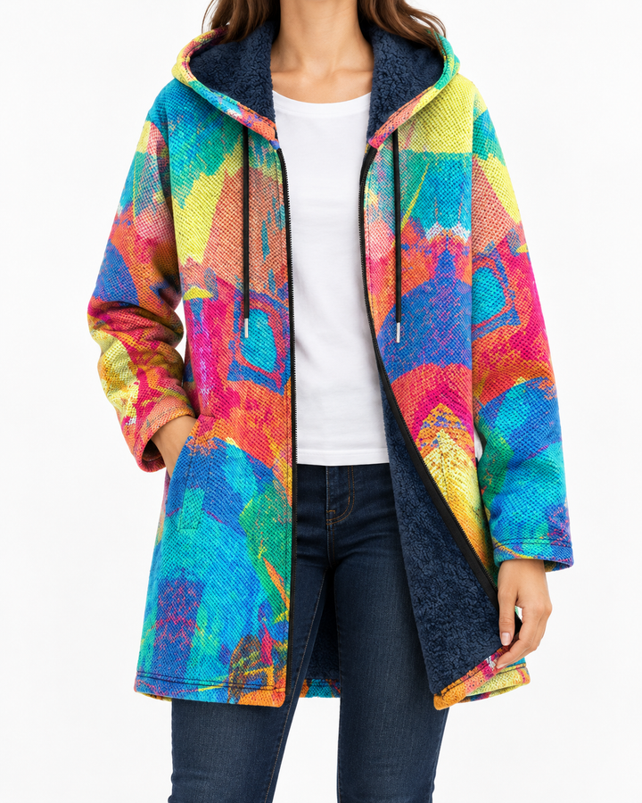 Flora | Women's Abstract-Print Hooded Coat — Elina Dublin studio photograph