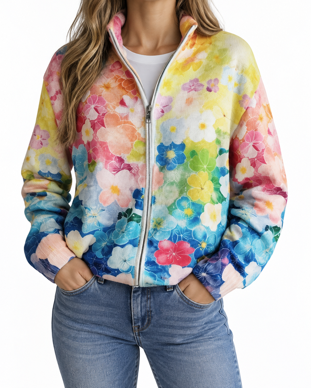 Inés | Knitted Cardigan with Watercolour Floral Print — Elina Dublin studio photograph