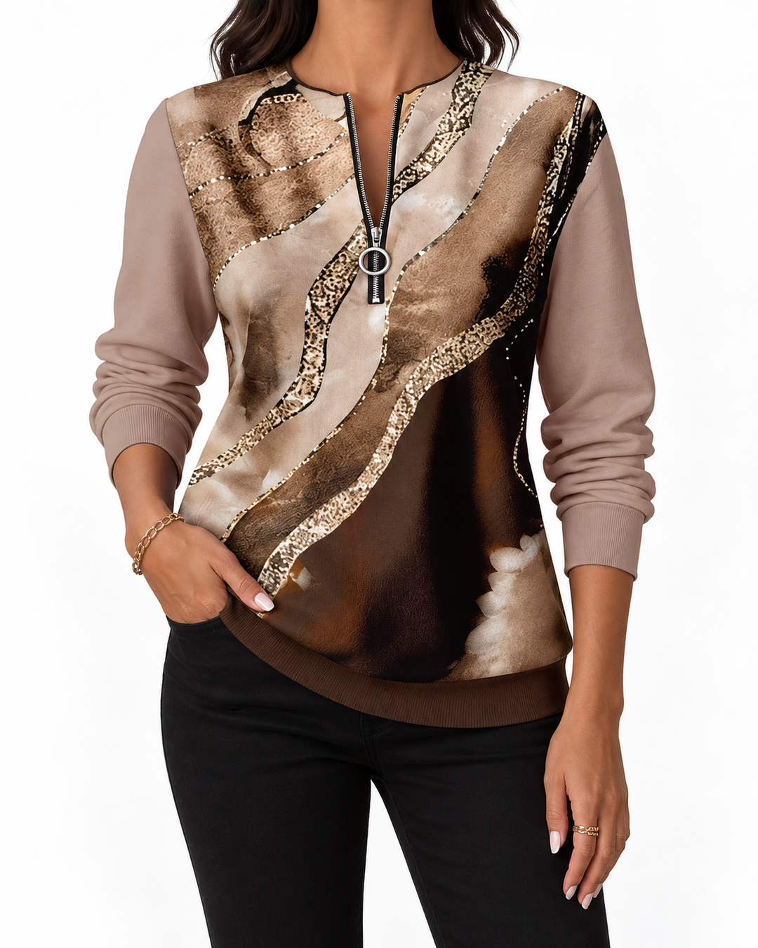 Valeria Brisa™ – Quarter Zip Hoodie with Abstract Print — Elina Dublin studio photograph